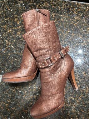 Fendi Women's Shimmery Brown Leather High-Heel Ankle Boots with Buckles.